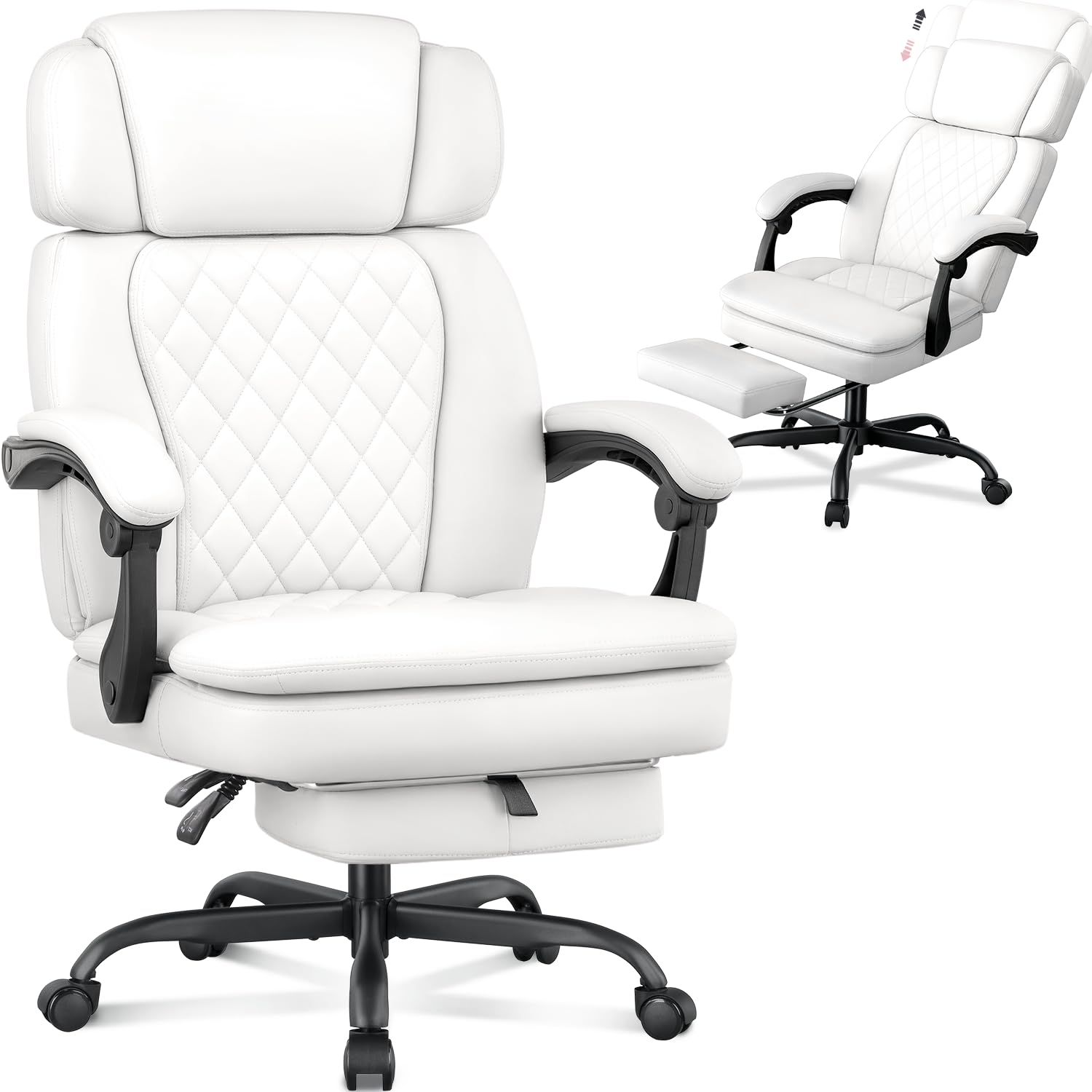 400lbs Executive Office Chair with Foot Rest for Heavy People, Ergonomic Big and Tall Desk Chair with Adjustable Headrest, High Back PU Leather Comfy Heavy Duty Computer Chair (White)