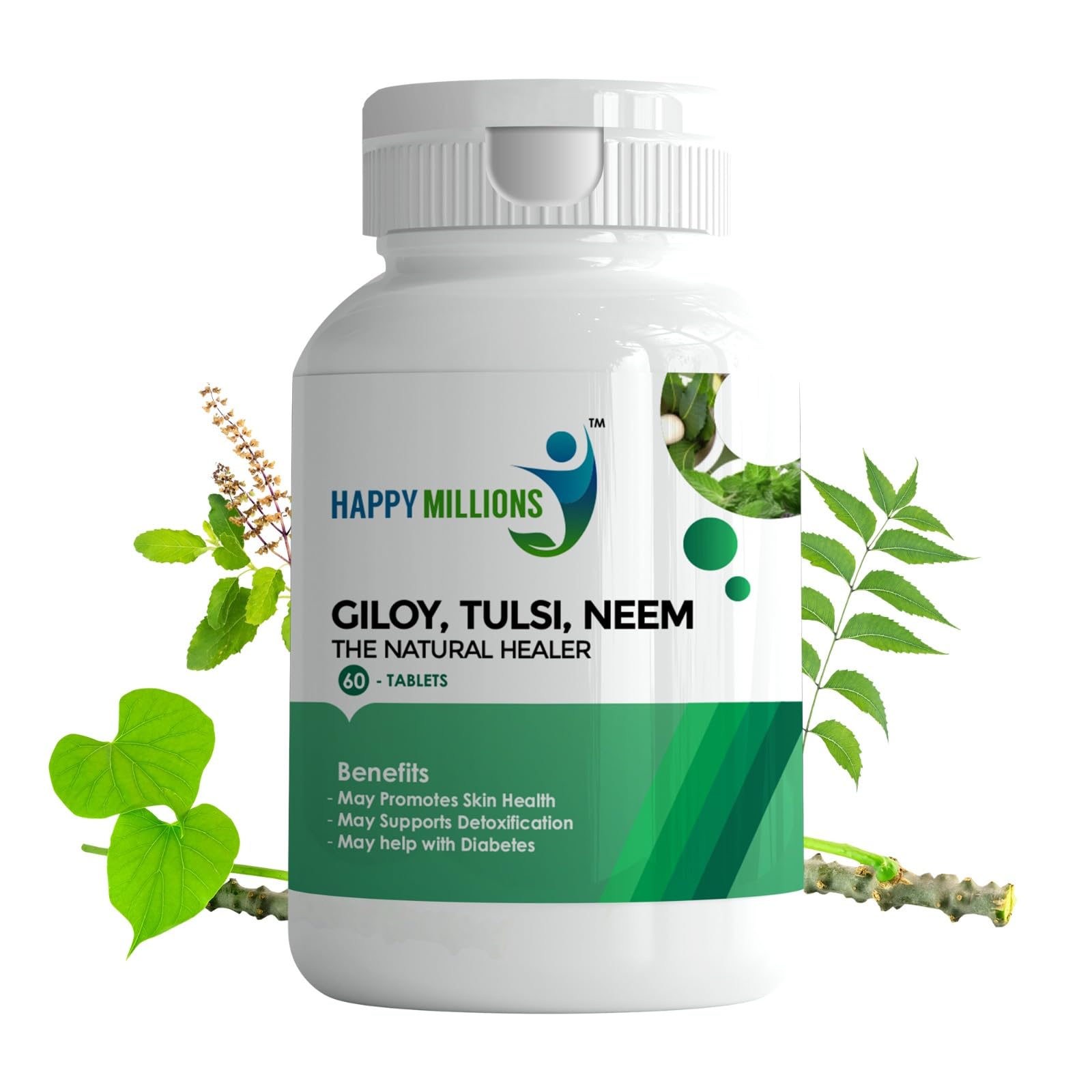 HappyMillions Giloy Tulsi Neem Tablets | Ayurvedic Supplement for Detox, Blood Purification & Skin Health | Reduces Pimples, Enhances Skin Shine, & Promotes Clear Complexion | 60 Tablets (B0D6GHRXVJ) Amazon Price History, Amazon Price Tracker