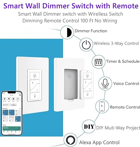 Miniatura 2 de Nexete Interruptor de atenuación inteligente, interruptor de pared de un solo polo con un control remoto inalámbrico, sin cableado, interruptor de