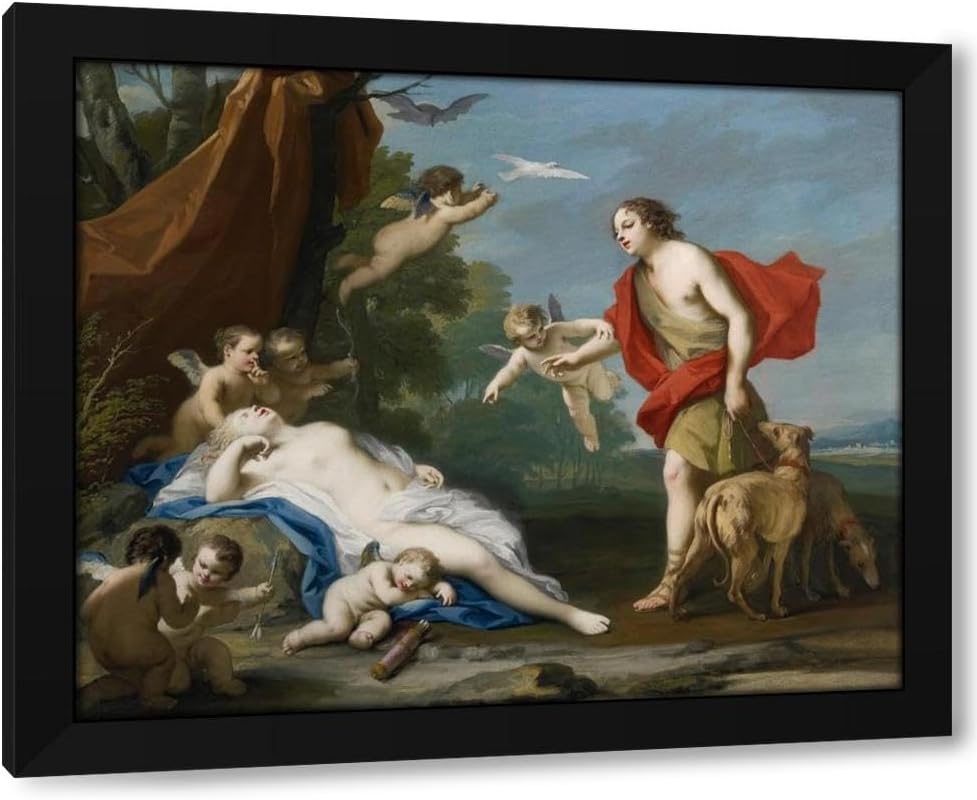 Jacopo Amigoni 24x20 Black Modern Framed Art Print Titled: Venus and Adonis