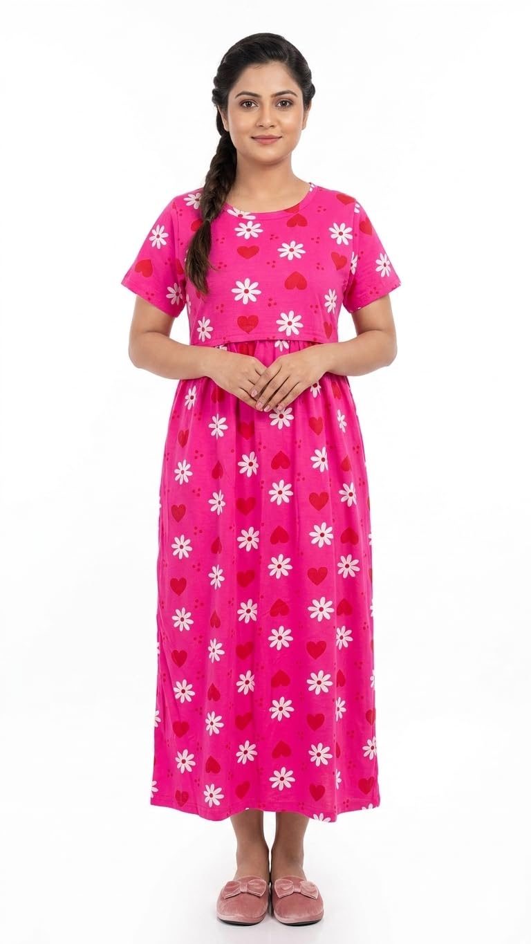 Cotton Maternity Feeding Dress for Moms | Zipless Nursing Maxi Gown with Tie-Knot & Pocket | Pre & Post Pregnancy Wear | 160-170 GSM-image-16
