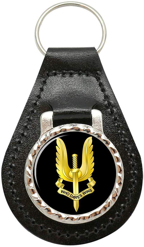 Giftshop Uk Unisex Black Leather And Silver Metal Sas Special Air Service Regiment, British Army Leather Key Fob
