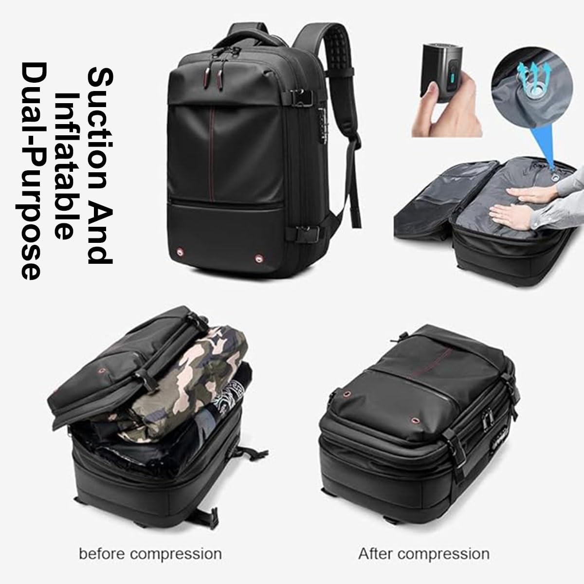 Mochila, Equipaje De Mano, Bolsa De Avión, Airbag De Vacío, Mochila De Viaje, Mochila De Mujer, Mochila De Viaje Al Vacío con Bomba, Impermeable, Maleta De Vacío For Hombre.(Noir,Air Pump)