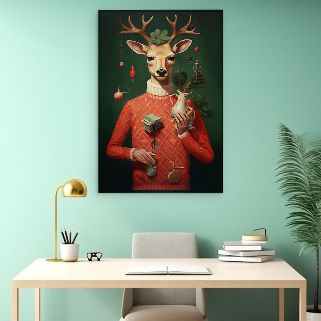 Canvas for Living room. Surreal Elegance: A Deer in Knitwear Bearing a Vase, 27 x 18 inch Canvas Wall Art - Contemporary Masterpieces - Nature Home Decor - 69x46 cm (27x18 inch)