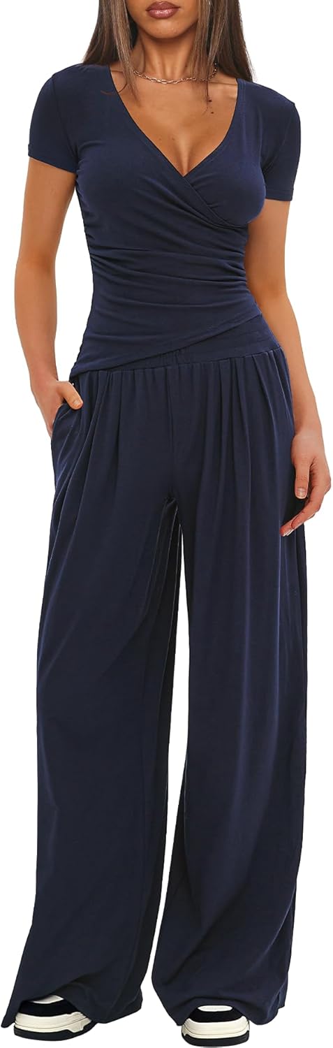 Darong Women's 2 Piece Lounge Fall Outfits Sets Warp V Neck Short/Long Sleeve Shirts and Wide Leg Pants Casual Matching Sets - Image 4