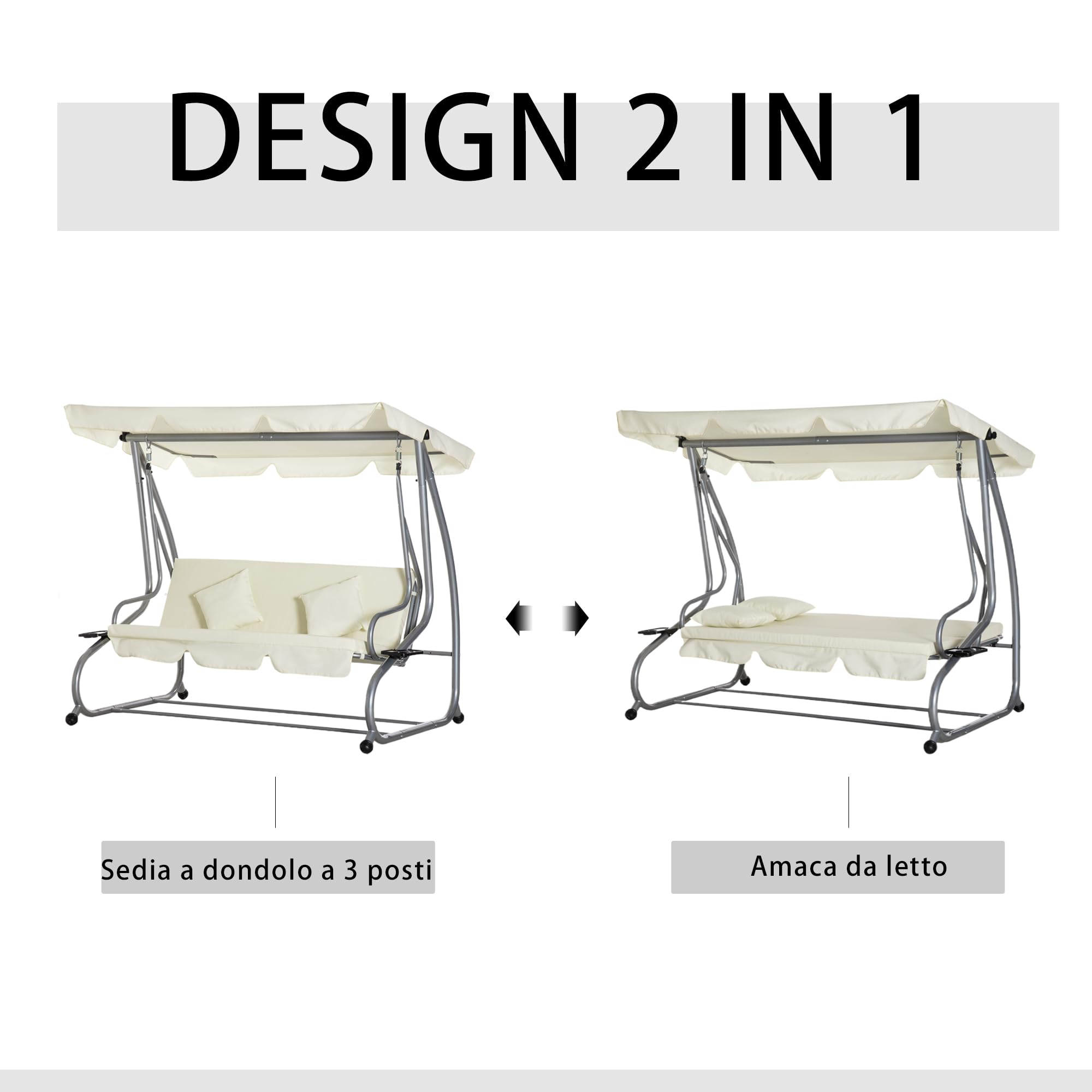 Outsunny Dondolo da Giardino convertibile in Letto a Dondolo, Dondolo 3 Posti in Acciaio e Poliestere con Tetto Regolabile e 2 Portabicchieri, 200x120x164 cm, Crema