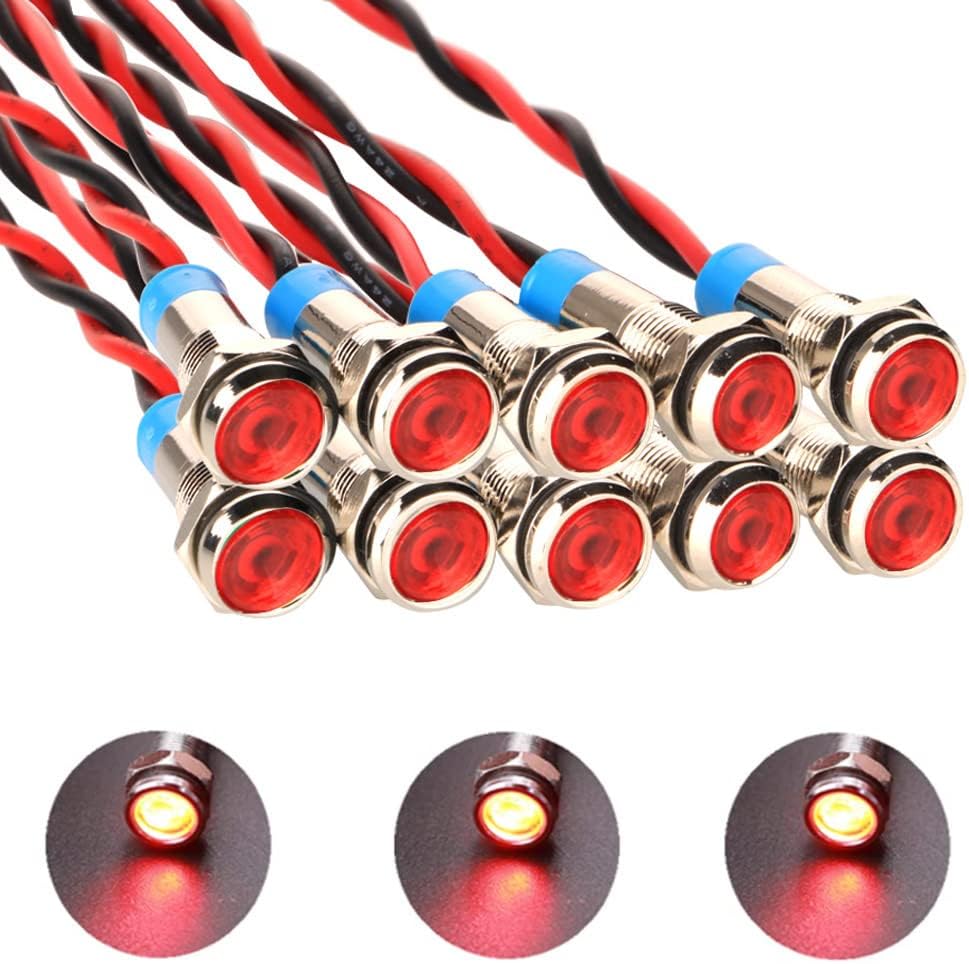 10 Voyants LED Métal 6mm – 12-24V AC/DC – Rouge, Bleu, Vert, Orange, Blanc – Pour Van, Bateau, Friteuse…