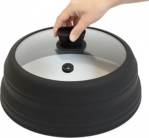 Cubierta de salpicaduras de microondas para alimentos de 10.5 pulgadas, cubierta plegable de vidrio para microondas con asa, cubierta de silicona