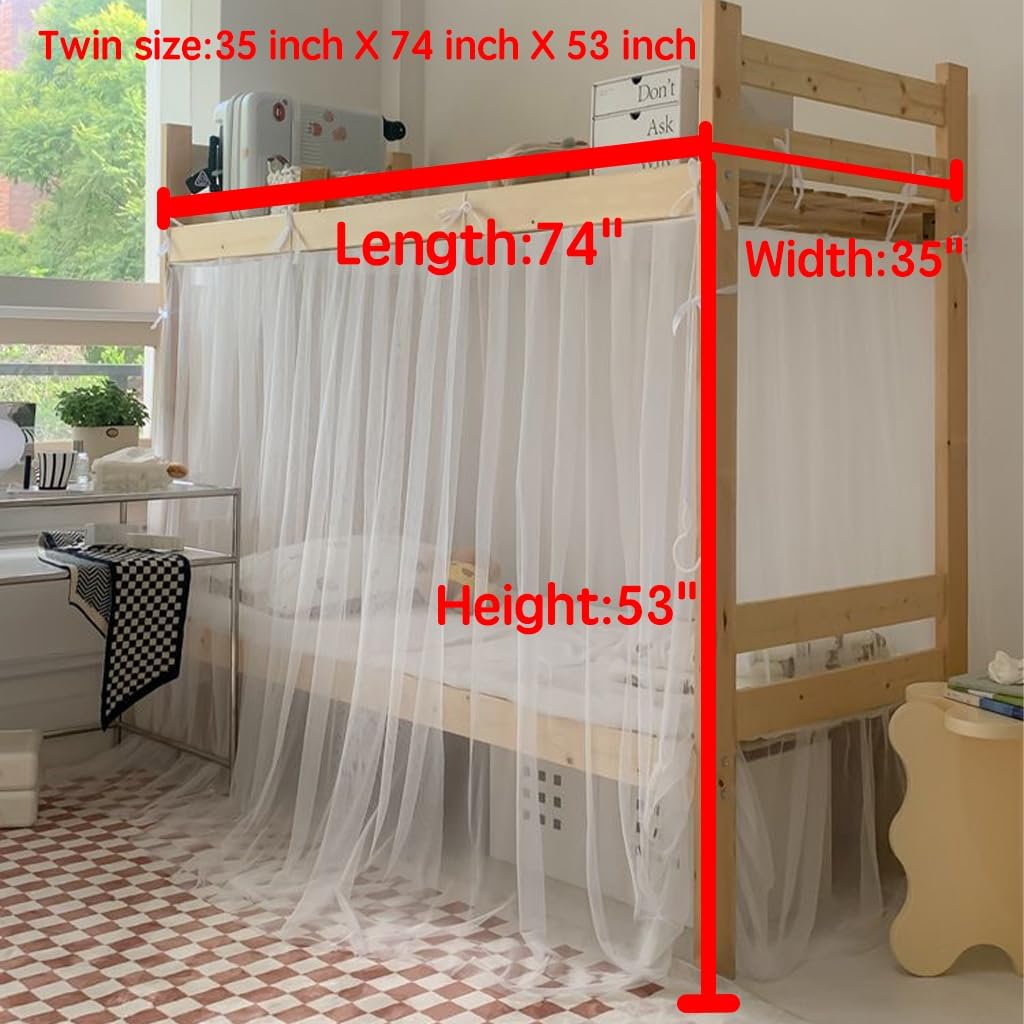 4 Corner Post Students Dorm Bunk Mosquito Net Bed Canopy Netting Students Bed Curtains for Student Dormitory School College Bedroom Decoration (White-3, 35" W x 74" L (Pack of 1))