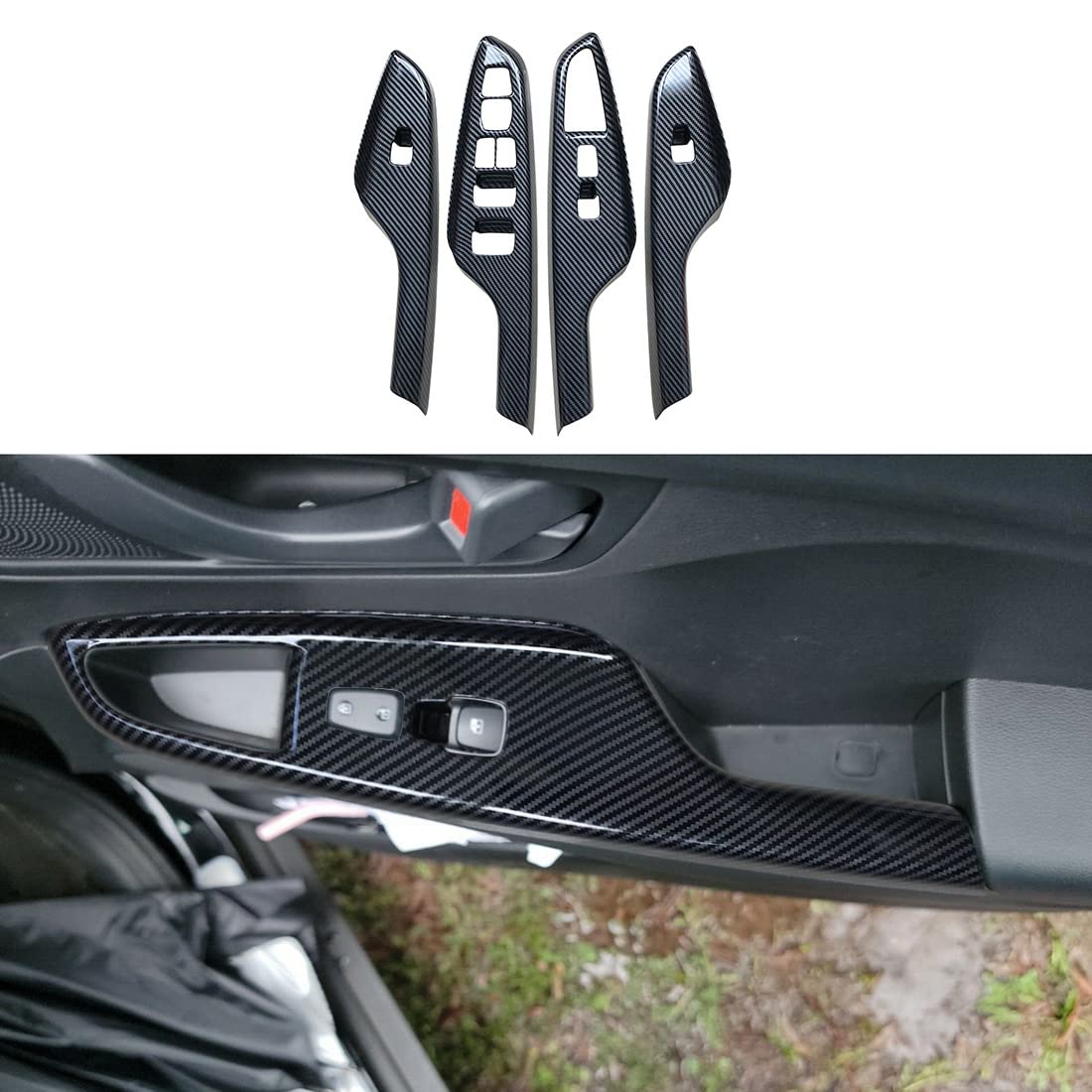 ruihe 4pc Carbon Fiber Color Automobile Door Window Control Panel Cover Trim Fit for Hyundai Kona 2018 2019 2020 2021 2022 North American Version