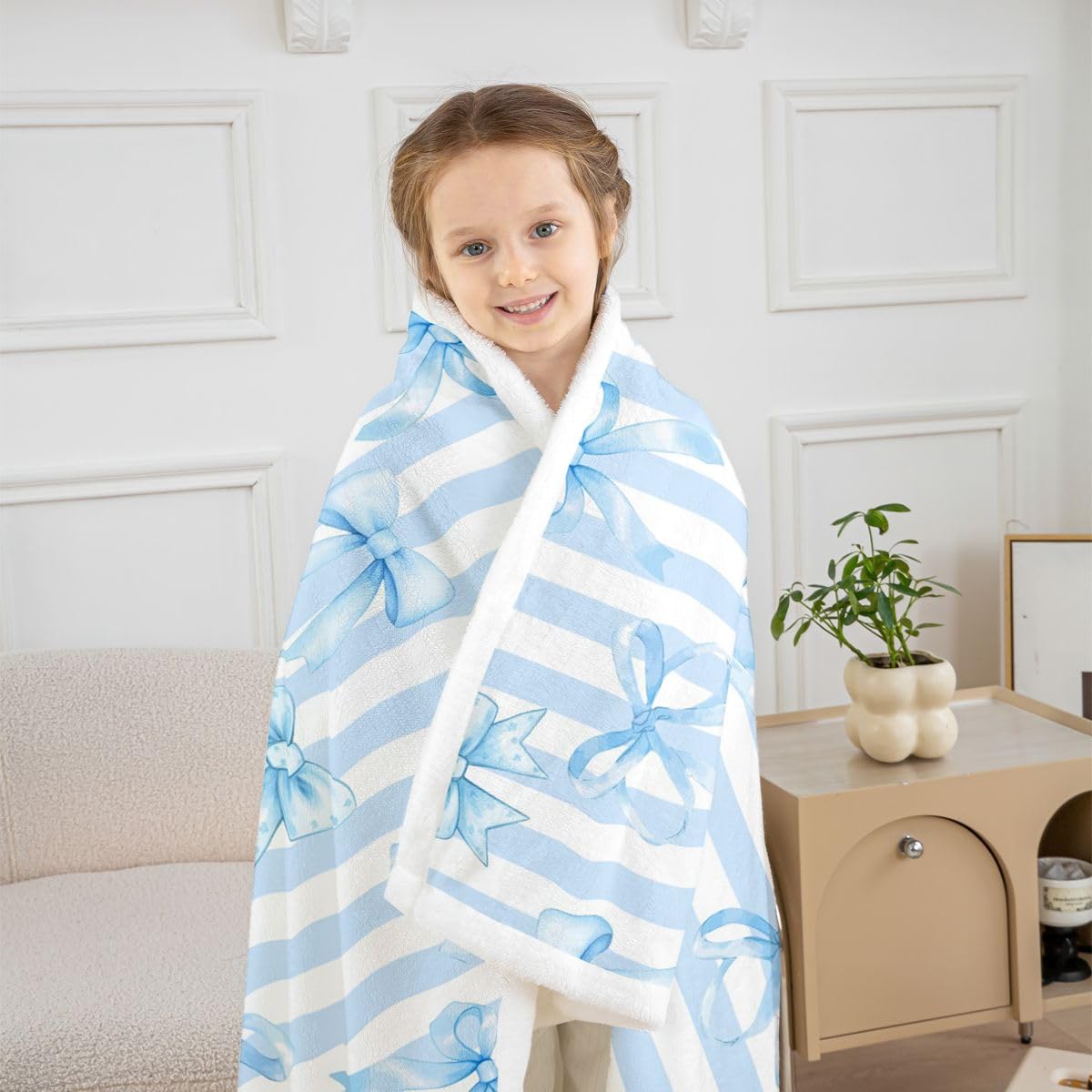 Homewish Niebieski inicjał litera G w paski alfabet kokarda szerpa koc księżniczka puszysty pluszowy narzuta kokarda marzycielski kawaii polarowy koc - dekoracja na łóżko kanapę królowa 229