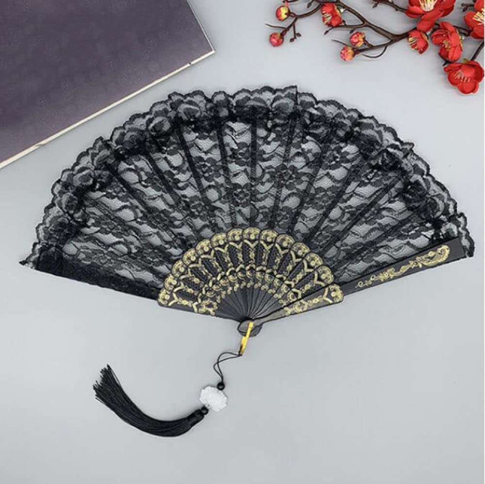NZPOST Folding Fan Handheld, Lace Flower Hand Fan Foldable With Tassel Pendant Black Exquisite Handmade Chinese Fan Fashion Folding Fan