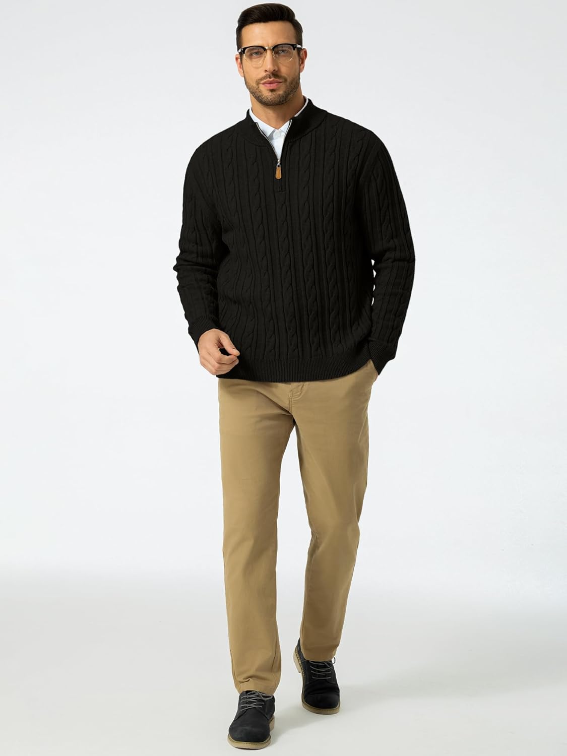 JMIERR Men's Quarter Zip Pullover Sweater Cable Knit Casual Stand Collar Texture Knitted Sweaters - Image 5