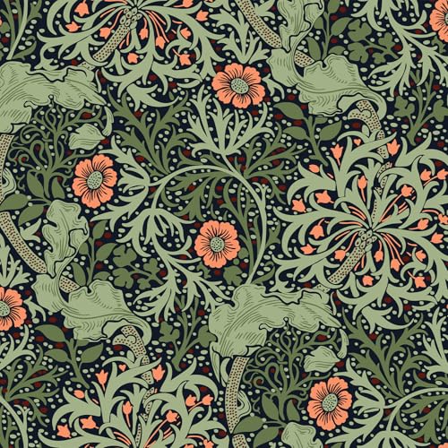 VEELIKE Vintage William Morris Seaweed Peel and Stick Wallpaper Green/Coral Floral Wallpaper 17.7''x118'' Self Adhesive Removable Moody Botanical Flower Wall Paper for Bedroom Bathroom Home Decor