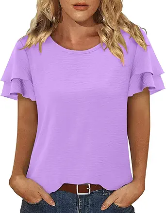 CRAZY GRID Women's Shirts Summer Casual Crewneck Ruffle Short Sleeve Blouses Cute Floral Print Tunic Tops