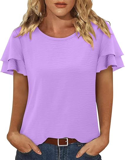 CRAZY GRID Women's Shirts Summer Casual Crewneck Ruffle Short Sleeve Blouses Cute Floral Print Tunic Tops