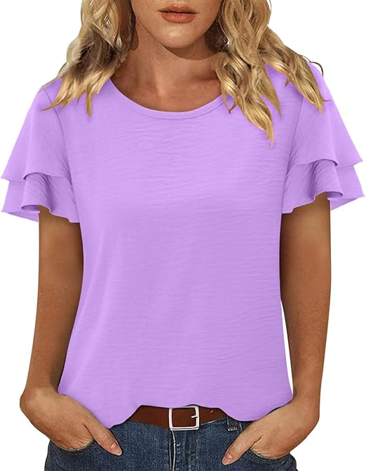 CRAZY GRID Women's Shirts Summer Casual Crewneck Ruffle Short Sleeve Blouses Cute Floral Print Tunic Tops