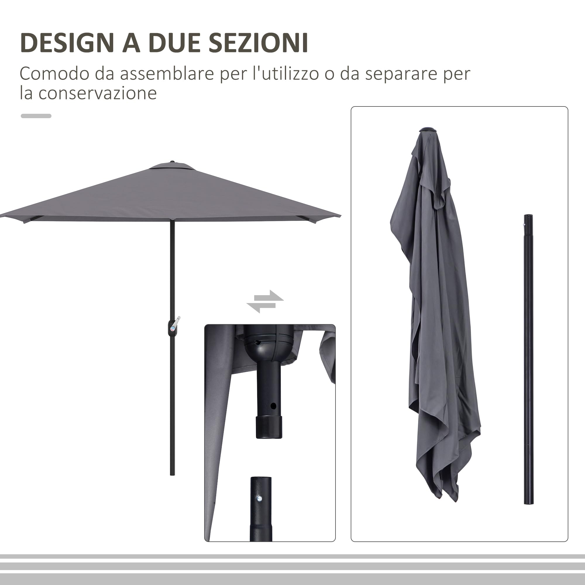 Outsunny Ombrellone Mezzaluna da Parete e Muro 2.3x1.3 m con Apertura a Manovella, Ombrellone da Giardino con 5 Stecche in Metallo e Poliestere 180g/㎡, Anti UV, per Terrazza e Balcone