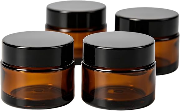 4 Pack 1oz Amber Glass Jars with Lids, Leakproof Refillable Cosmetic Jars with Inner Liners, UV Resistant Small Round Cosmetic Travel Containers for Travel, Creams, Lotions, Spices, Powder