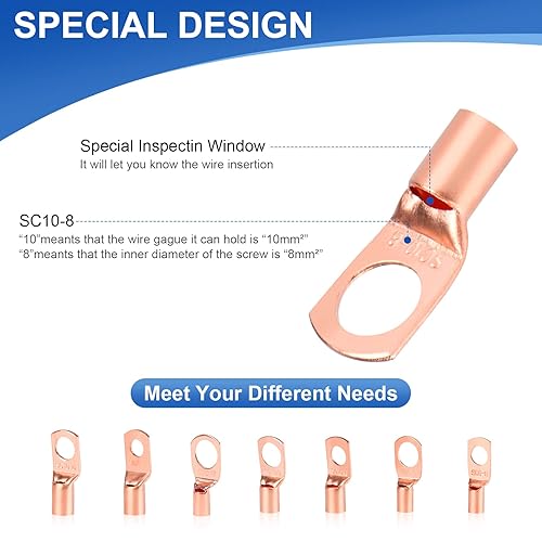 Miniatura 2 de 60 piezas de lengüetas de alambre de cobre, extremos de cable de batería AWG 4 6 8 10 12 calibre con juego de tubo termorretráctil, conectores de