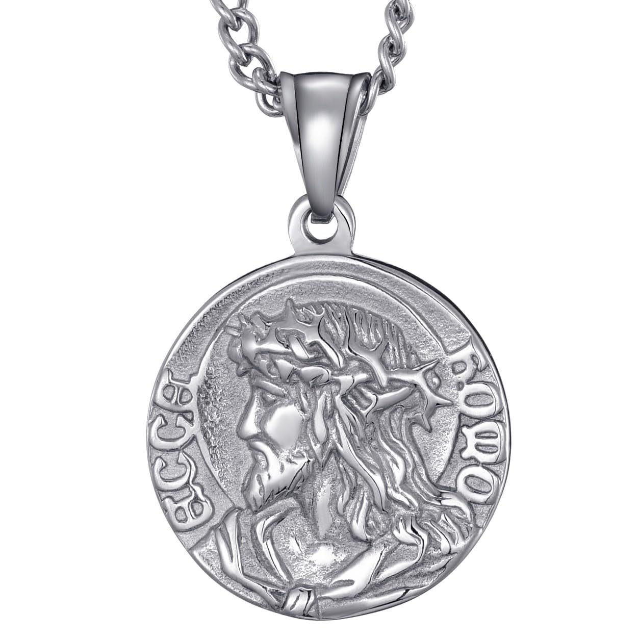 Stainless Steel Jesus Christ Medallion Necklace for Men, Crown of Thorns Pendant with Engraved Serenity Prayer, Religious Christian Jewelry Faith Gift, Round Coin with 22+2 Inch Adjustable Chain