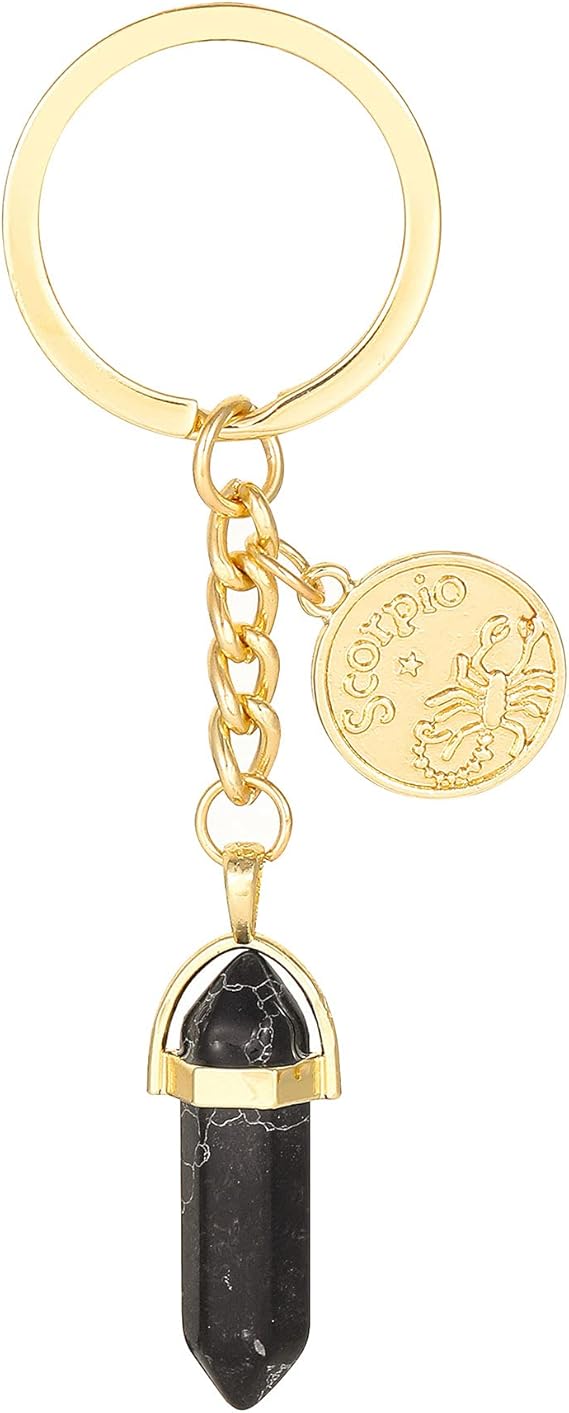 12 Zodiac Charm & Multi-color Hexagonal Healing Crystal Stone Keychain Birthday Gift