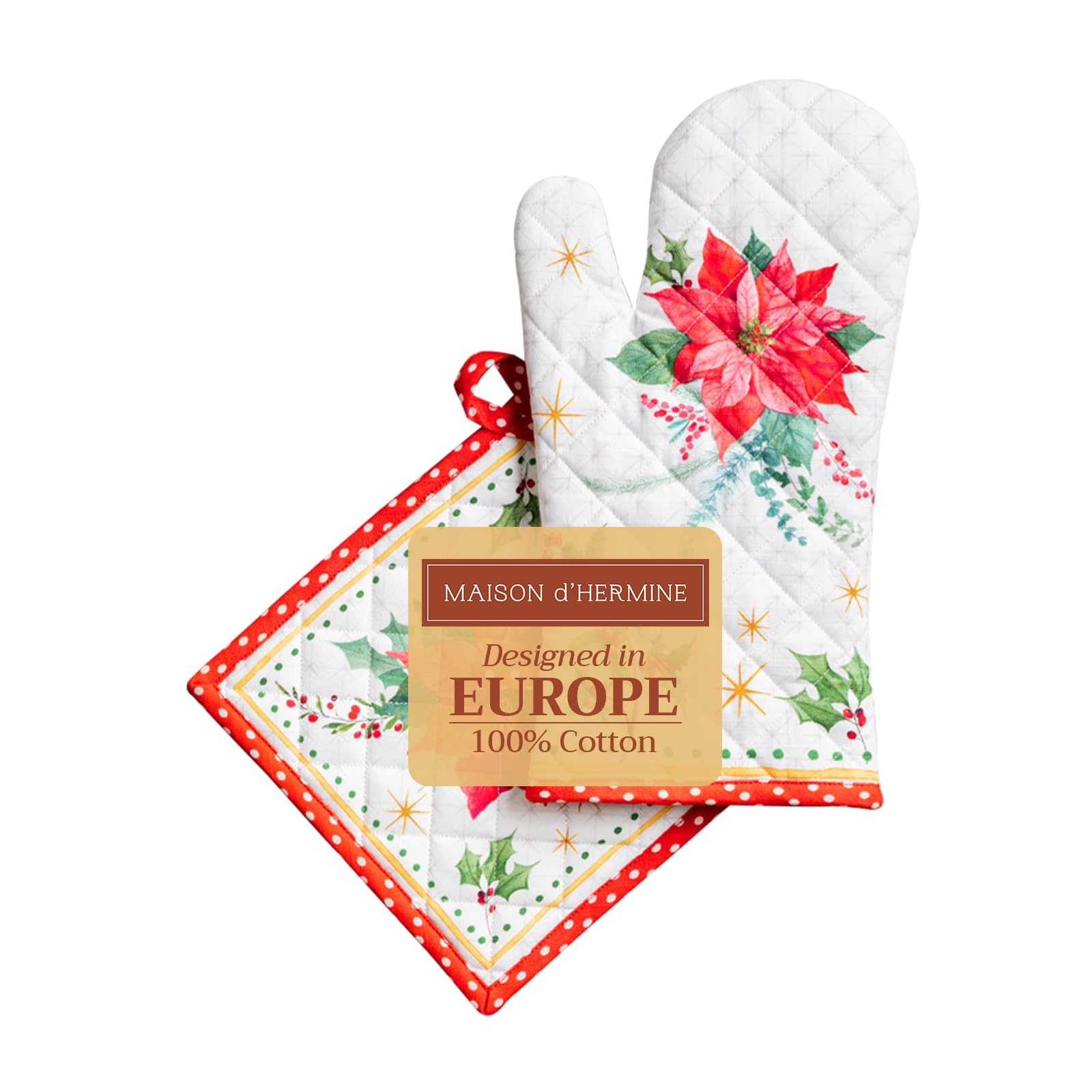 Maison d' Hermine 100% Cotton Oven Mitt & Pot Holder Set (19 x 33 cm & 20 x 20 cm) Heat Resistant BBQ Cooking Gloves with Loop for Christmas Decorations Handling Hot Pans (Poinsettia Christmas)
