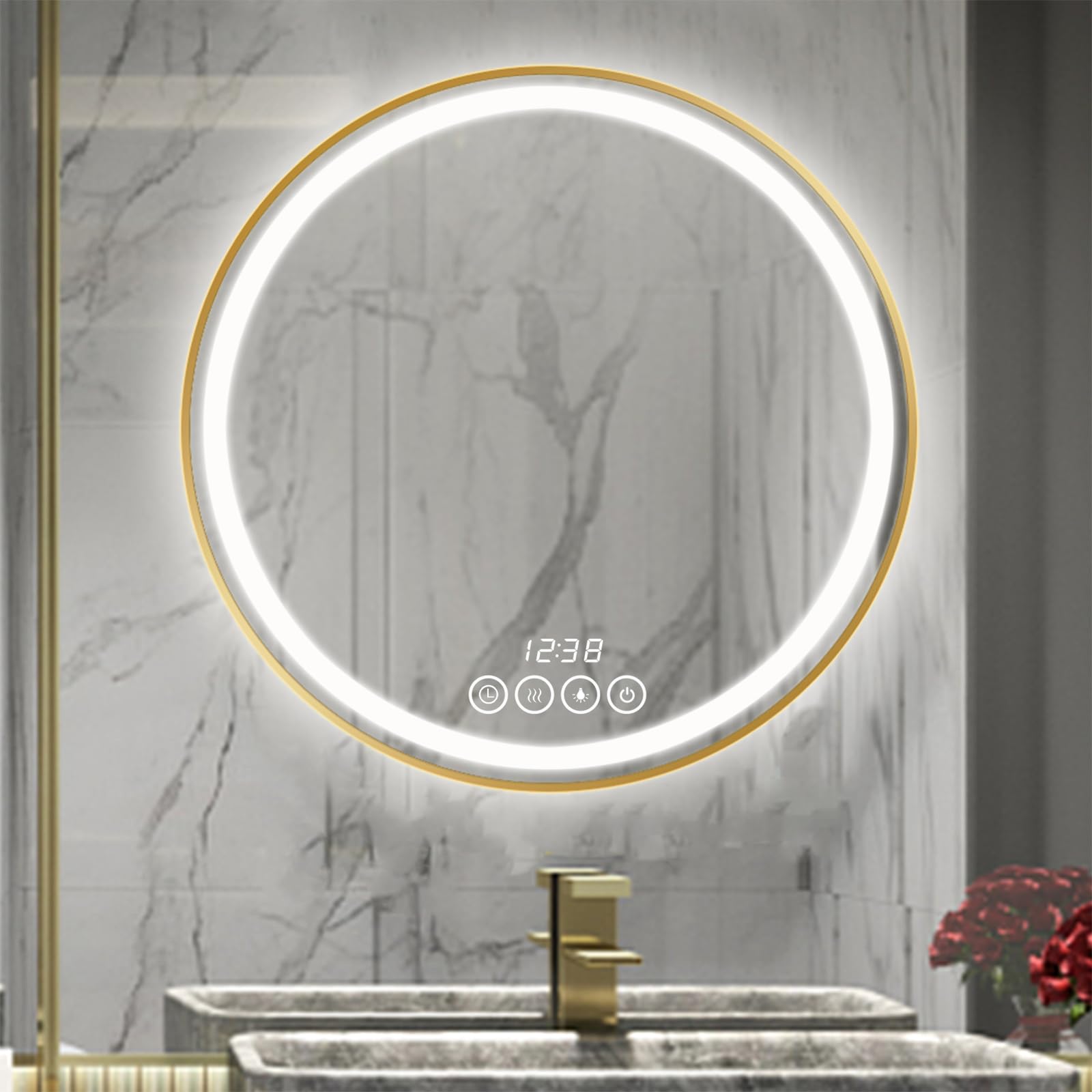 Wall-Mounted Round Bathroom Mirror with LED-Lights - 26 Inch Frame Vanity Mirrors with Dimmable (26" x 26", Gold)