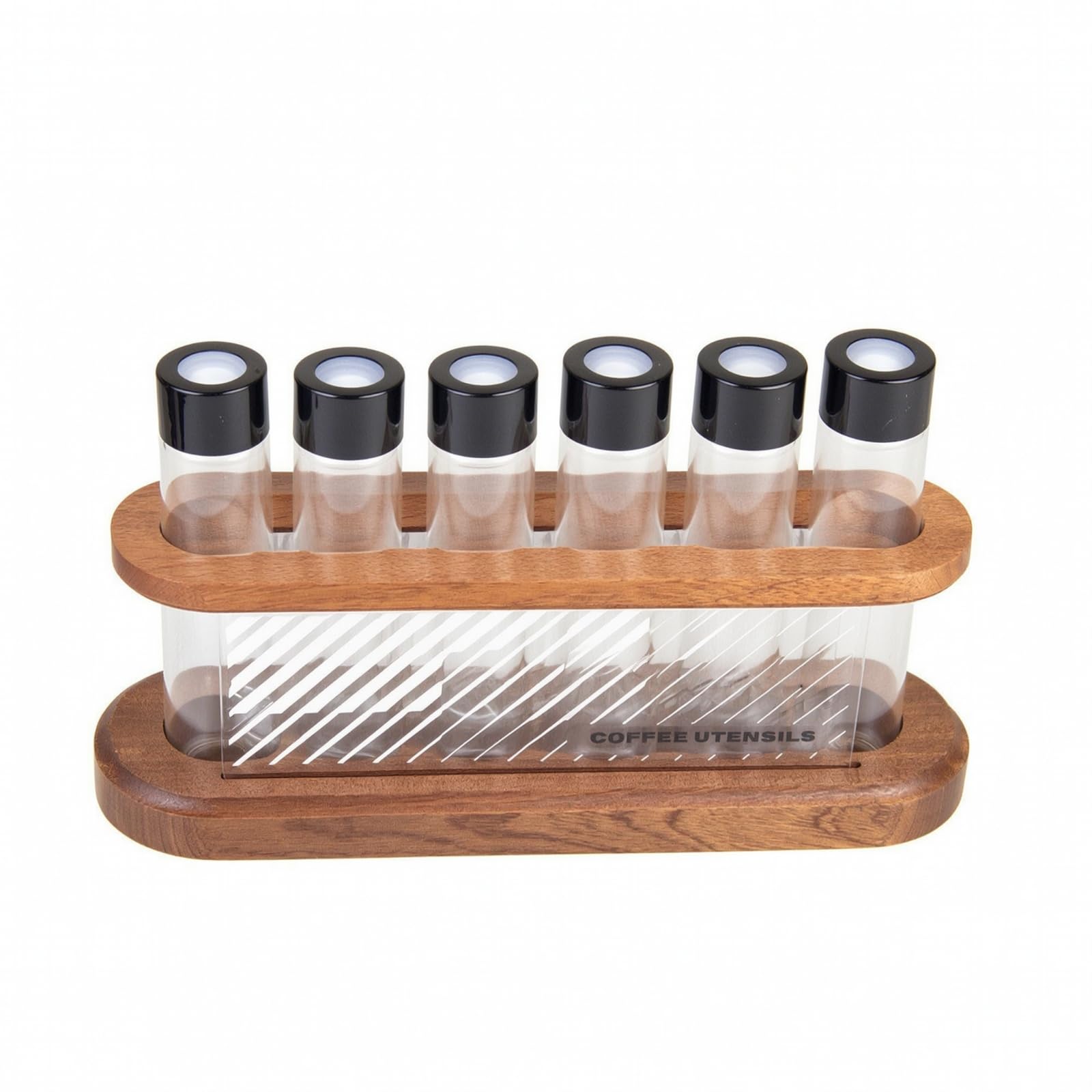 Rangement de Grains de Café Distributeur Rack Organisateur Présentoir Support avec Six Flacons Transparence Accès Visuel Base en Bois Style Chaleureux Convient à la Maison, style to 1