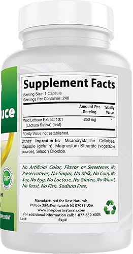 Miniatura 6 de Best Naturals Lechuga silvestre 10:1 Extracto 250 mg (equivalente a 2500 mg de lechuga silvestre en polvo) - 240 Cápsulas