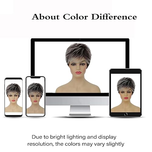 Miniatura 7 de Swiking Peluca corta de corte Pixie gris para mujer, con flequillo y raíces oscuras, peluca de pelo sintético suave en capas, pelucas de disfraz