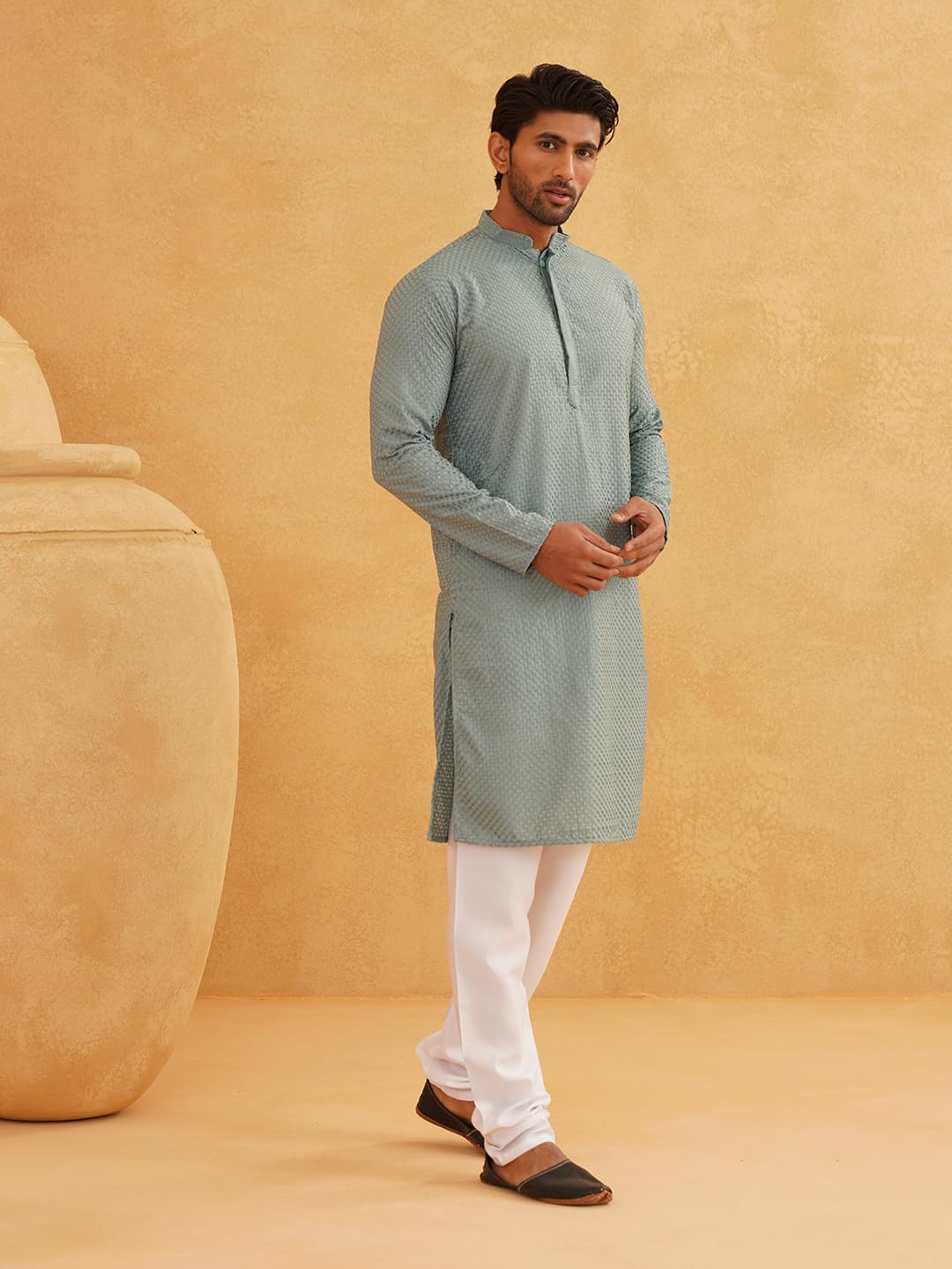 Sojanya (Since 1958 Men's Cotton Checked Embroidered Kurta & White Pyjama Set Size-40