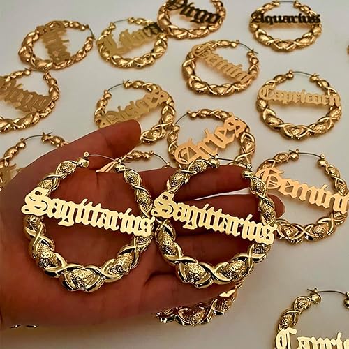 Miniatura 4 de Zodiac - Aretes de aro XOXO de bambú con letra inglesa antigua para mujeres y niñas, aretes de astrología, joyería de moda, chapados en oro de 14