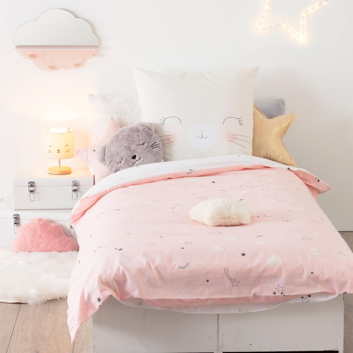 Atmosphera - Parure de Lit Enfant Chat Rose - 140 x 200 cm, 1 Personne - 100% Coton, Housse et Taie d'oreiller - pour Chambre d'enfant