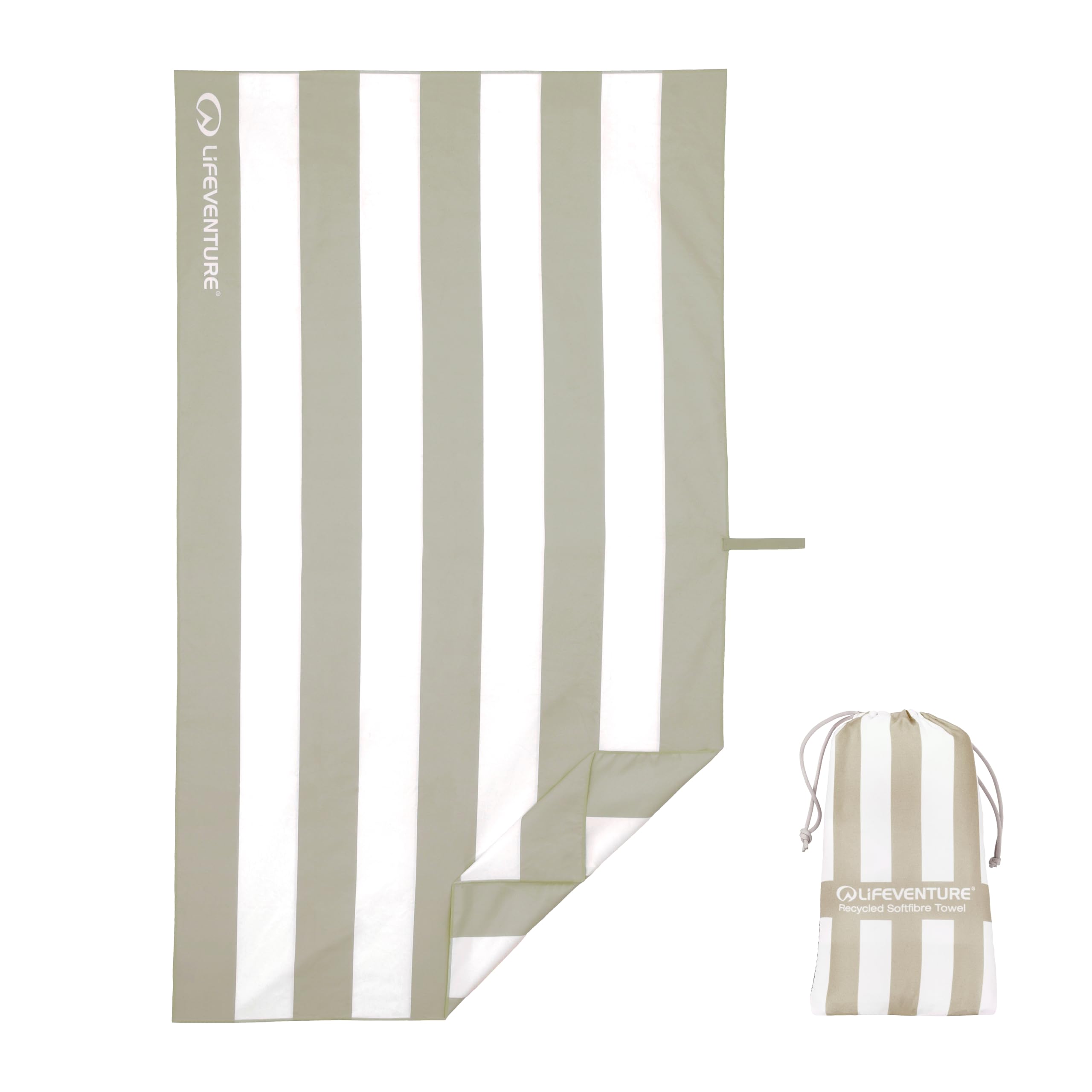 Lifeventure Quick Dry Beach Towel - Sand Free, Lightweight & Compact Microfibre Travel Towel with Carry Bag - Anti-Odour, 100% Recycled - Large 150x90cm, Beige Stripe