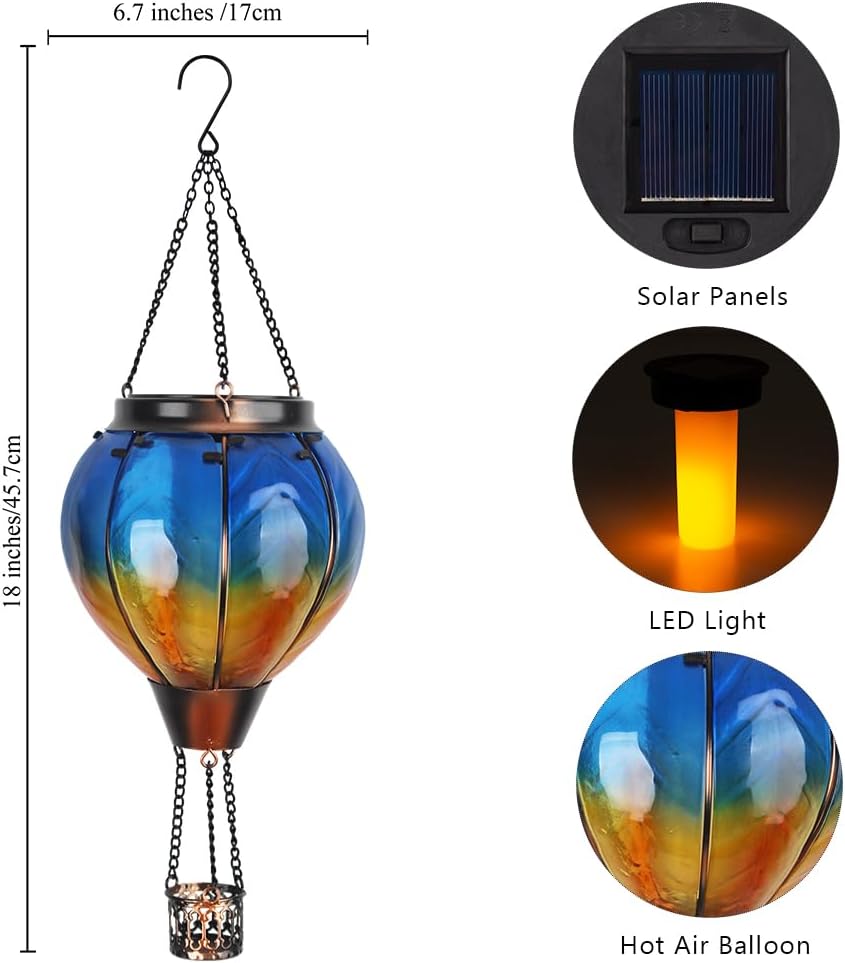 2PCS Gradient Solar Hot Air Balloon Outdoor Lantern with Flickering Flame LED Glass Gradient Hanging Outdoor Lights Waterproof for Patio Yard Garden Decor
