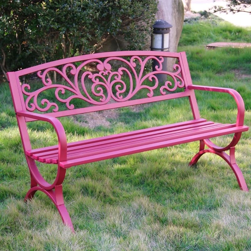 Banc de jardin rose en fonte florale idéal pour un café en terrasse