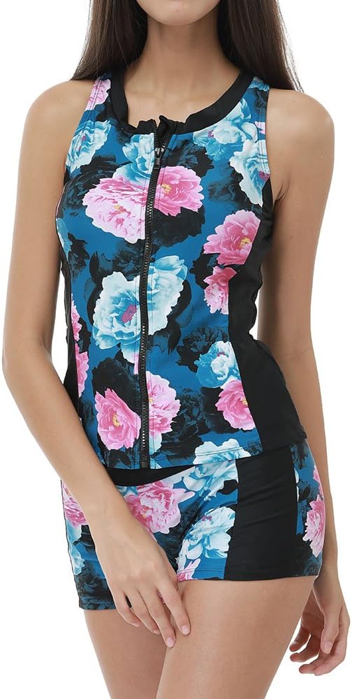 Pestok Women Floral Zip Front Sporty Tankini Swimsuits with Swim Shorts S - XXXL Plus Size (L)