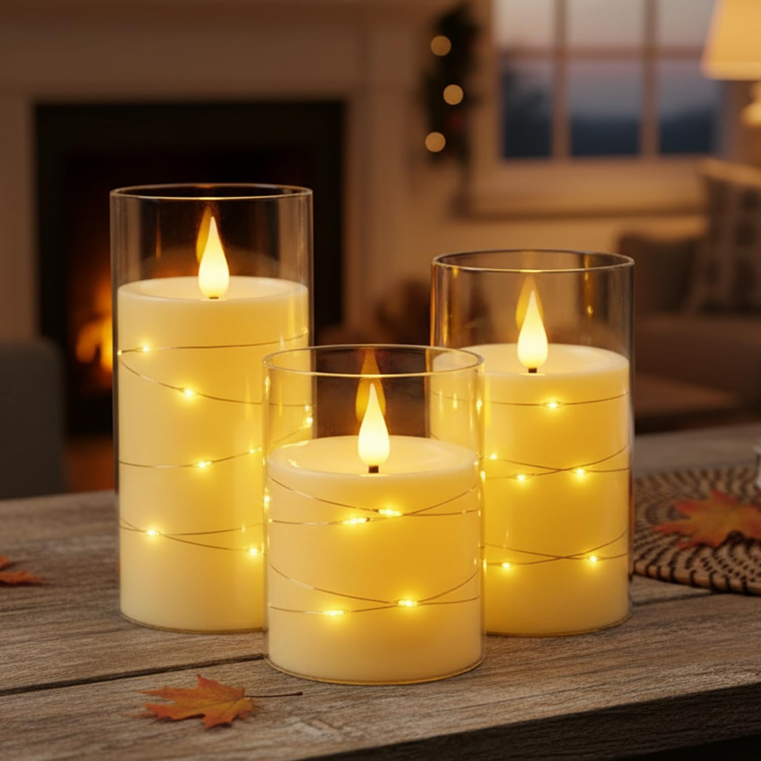 coku 3D Flameless LED Glass Pillar Candles Set of 3, Battery Operated Flickering Electric Acrylic Candles with Warm White Fairy Lights for Home Decor, Diwali, Christmas & Wedding Decoration-image-12