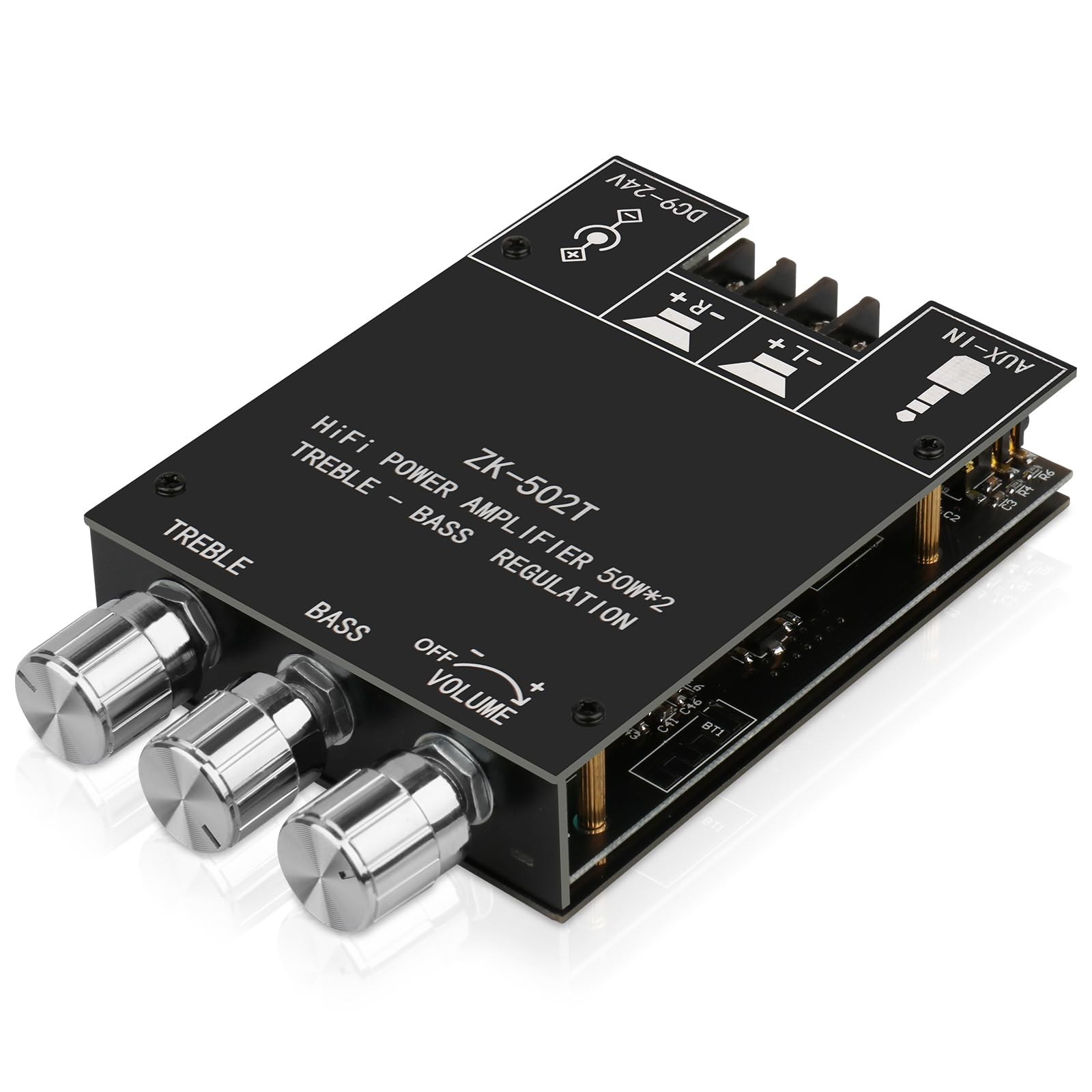 Audio Amplifier Bluetooth 5.0 50W+50W 2.0 Channel AUX BT DC12-24V Stereo Amp with Treble and Bass Control for DIY Speaker