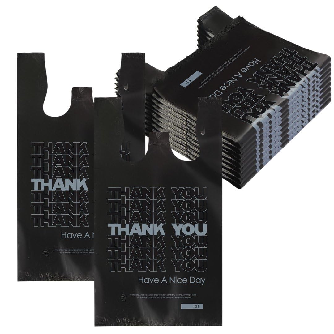 ROYALNA 100ct (12" x 6.5" x 21") Plastic T shirt Grocery shopping bags Reusable and Disposable for Restaurants, Convenience Stores, (Black/White Thank