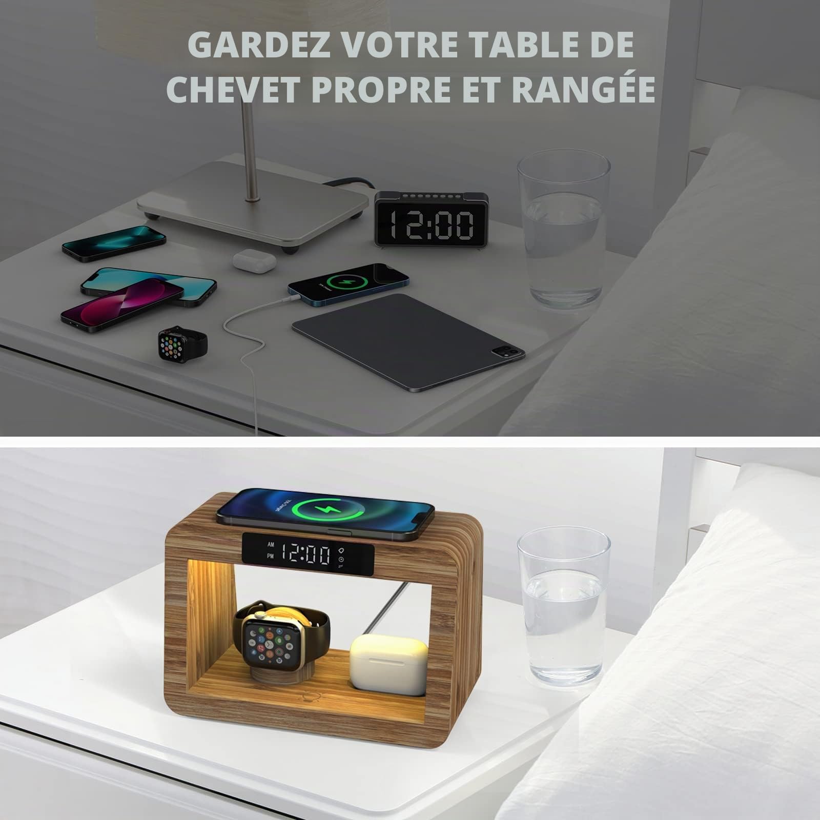 Station de Charge sans Fil 5 en 1, Chargeur Rapide sans Fil avec réveil numérique et veilleuse, Station de Charge en Bambou, Compatible avec iWatch/AirPods/Samsung Galaxy et Autres