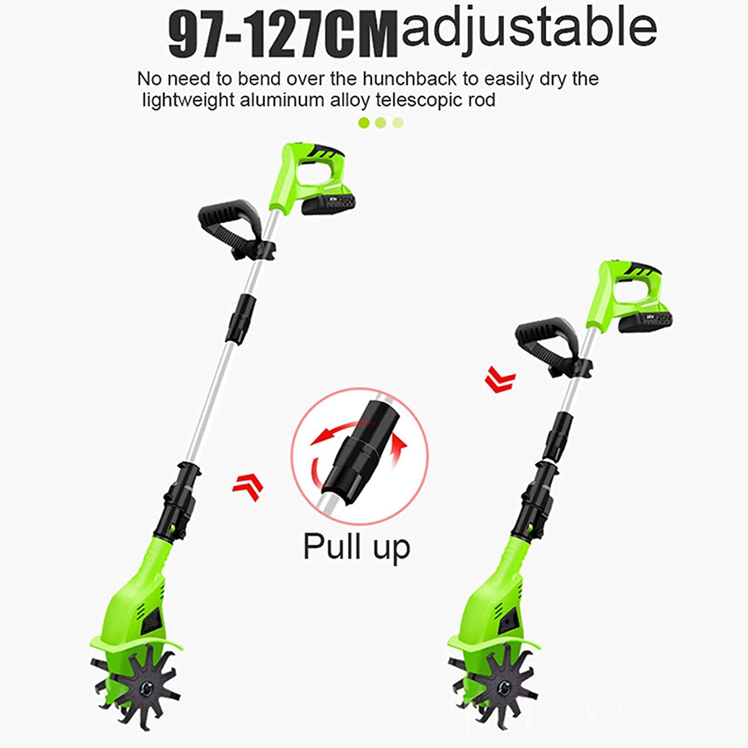 Cultivador de cultivador eléctrico inalámbrico, cultivador de jardín con batería de 20 V 250 RPM, longitud de agarre ajustable, cultivadores eléctricos for excavación, eliminación de malezas y amplifi