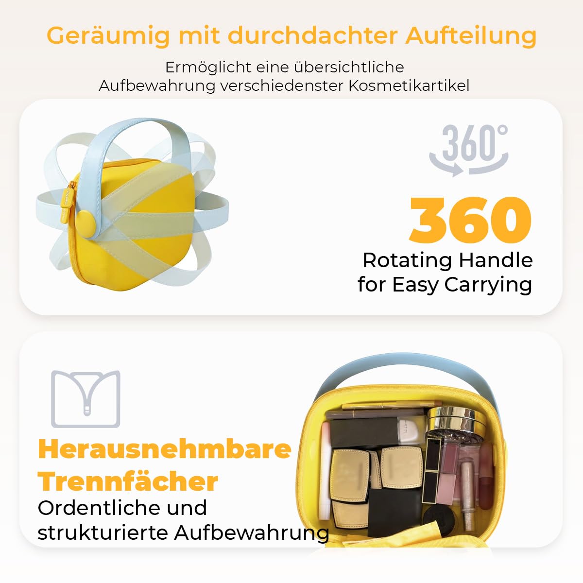 Hardcase Make-up Tasche, wasserdichter Reise Kosmetik Organizer mit verstellbaren Trennfächern & Pinselhalter, tragbare Kosmetiktasche mit 360° drehbarem Griff, große Kapazität, süßer Beauty Case für