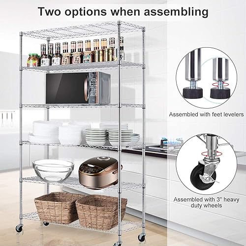 Miniatura 3 de NiamVelo Estantes de almacenamiento, estantería de alambre de 6 niveles resistente con ruedas, estante de alambre de metal NSF ajustable de 48