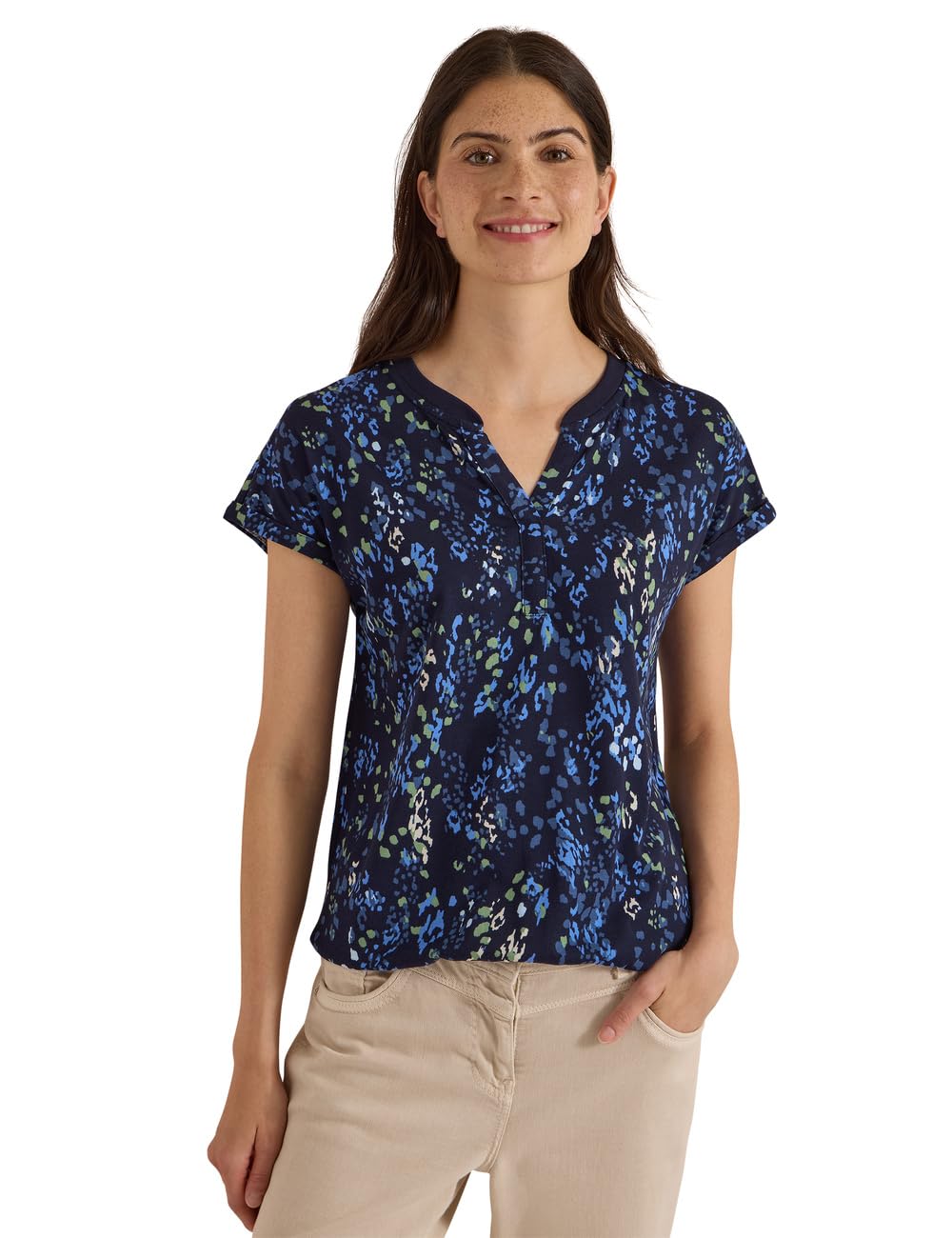 Cecil T-Shirt with Split Neck and Print Urban Dark Blue XL