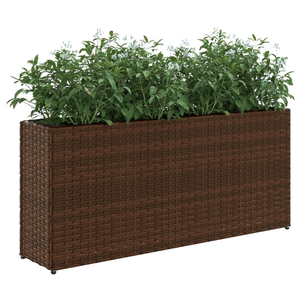 Podwyższona grządka z 2 półkami, brązowa, 90 x 20 x 40 cm, z polirattanu z malowaną proszkowo stalową ramą, do ogrodu, na taras, balkon, odporna na warunki atmosferyczne, mróz, w zestawie