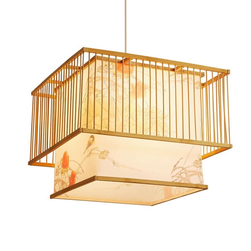 LQZCXMF Faux Parchment Bamboo Pendant Lamps, Restaurant Hanging Lamp Square Wicker Hand-Made Chandelier Wood Ceiling Lighting Fixture for Living Room Entryway Foyer 15.7" Boho Rattan Light Fixture