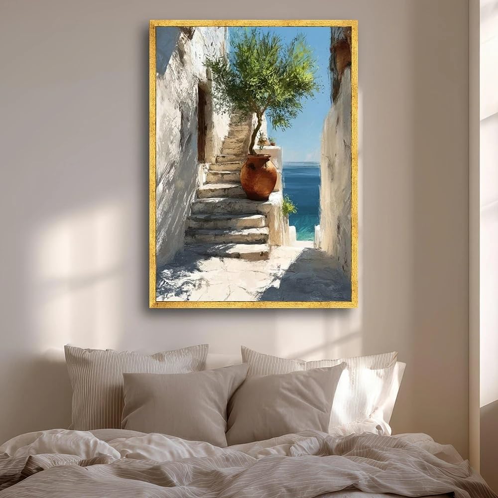 GOSRD Canvas Print Art Staircase Olive Tree Coastal Architecture Sunny Path Decor Modern Home(60x90CM/Frameless)