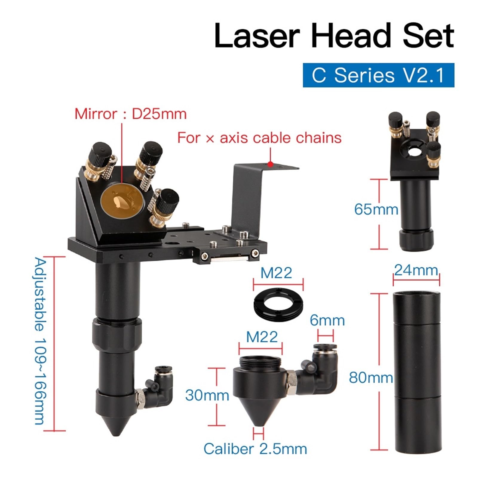 CO2 Laser Head GaAs Lens Set D18 FL38.1 D20FL50.8/63.5/101.6mm Integrative Mount Dia.25 Si Mirror for Laser Cutter(D20F101 Set)